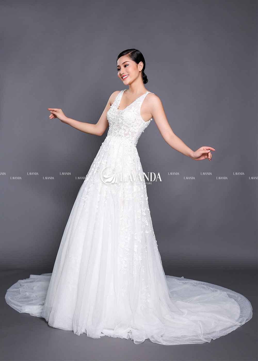 V-Neck Beaded Lace Wedding Dress