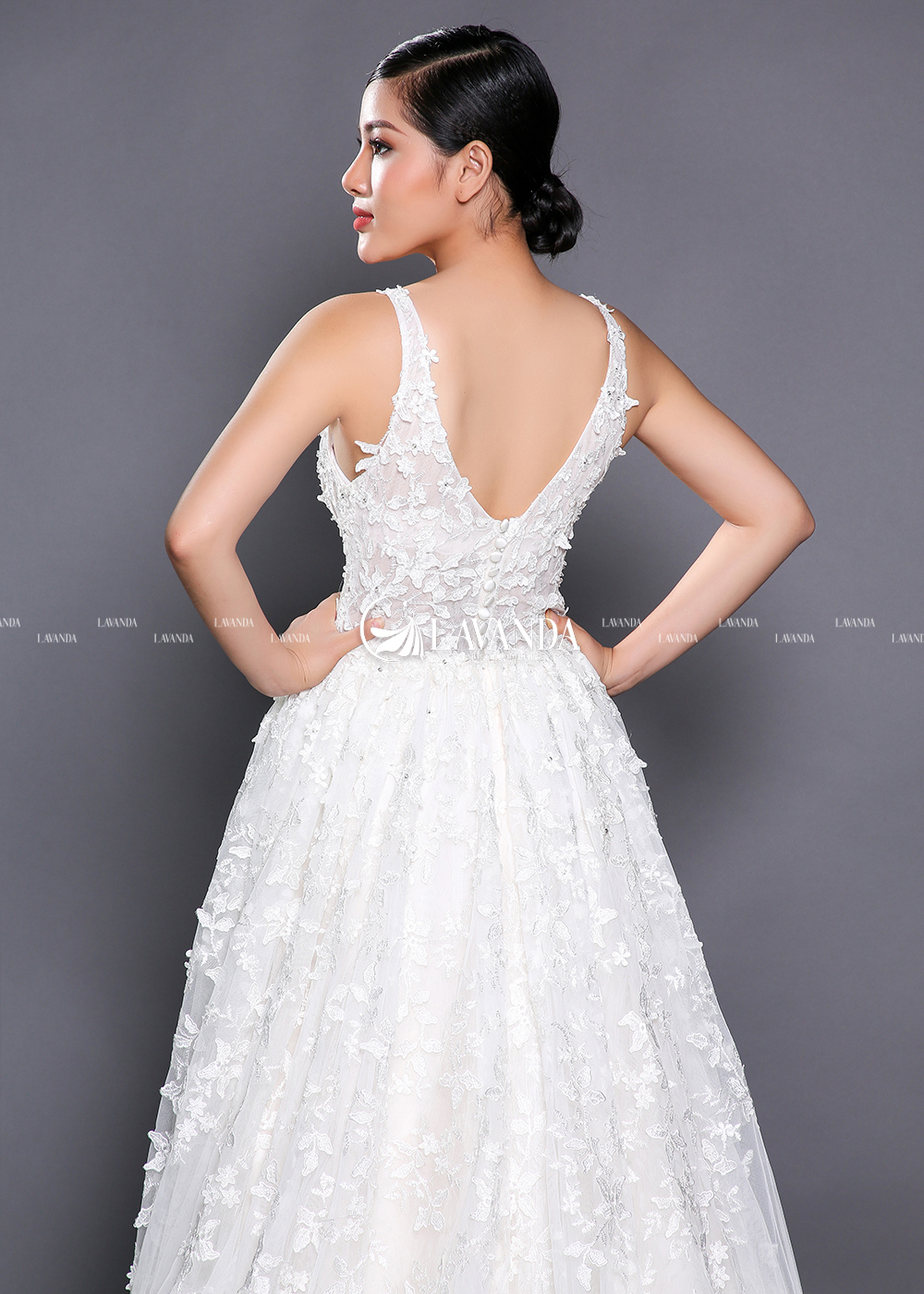 V-Neck Beaded Lace Wedding Dress
